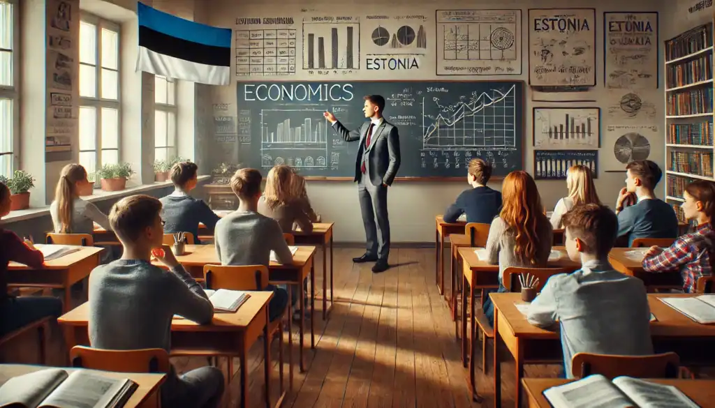 DALL·E 2025 02 28 12.26.28 A landscape format image of an economics lesson taking place in an Estonian school classroom. The room is filled with natural light featuring wooden