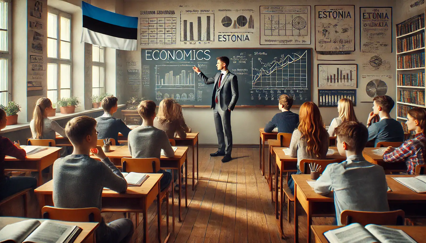 DALL·E 2025 02 28 12.26.28 A landscape format image of an economics lesson taking place in an Estonian school classroom. The room is filled with natural light featuring wooden
